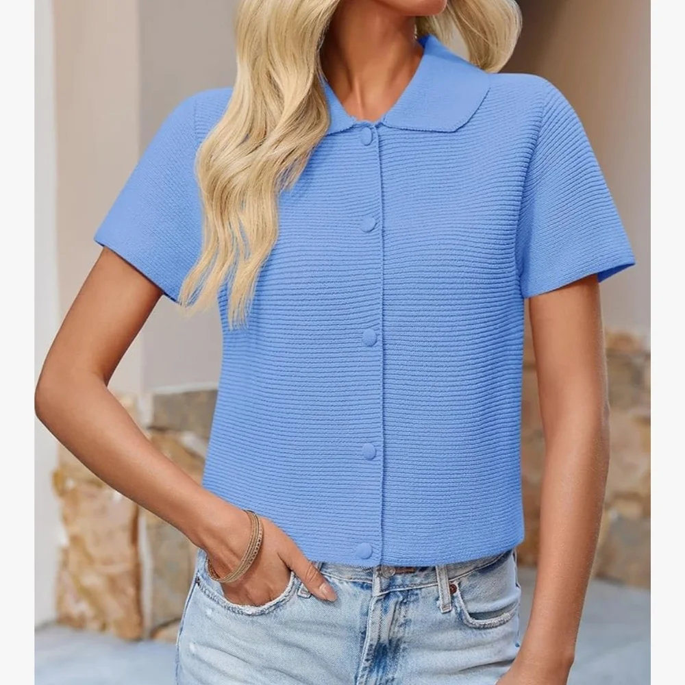 Saodimallsu Womens Short Sleeve Cropped Button Down Lightweight Cardigan - NWT